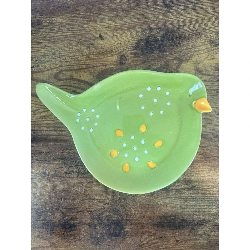 Pier 1 Imports Green Bird Ceramic Colander Trinket Dish Hand Painted Decor VTG